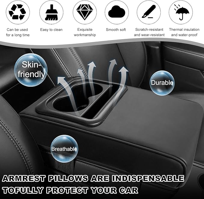 Car Center Console Armrest Pillow, 14.0"×8.3" Soft Memory Foam Armrest Cushion with Cup Holder Storage Bag, Waterproof Leather Vehicle Arm Rest Booster Pad for Most Cars (Glossy)