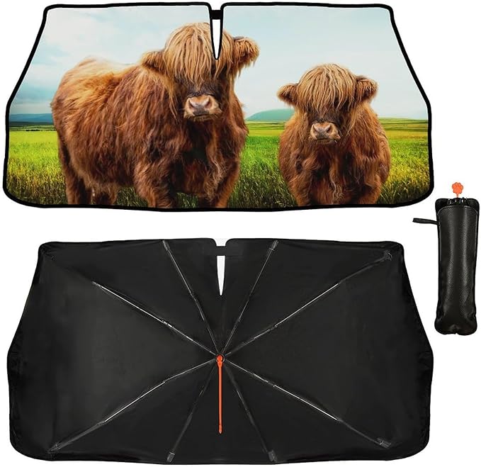 DOPINDU Highland Cattle Car Windshield Sun Shade Umbrella Bendable Handle Foldable Cute Cow Sunshade with Mirror Cut-Out Block UV Rays Keep Vehicle Cool for Most Sedans SUV Trucks Cars 57"x30"