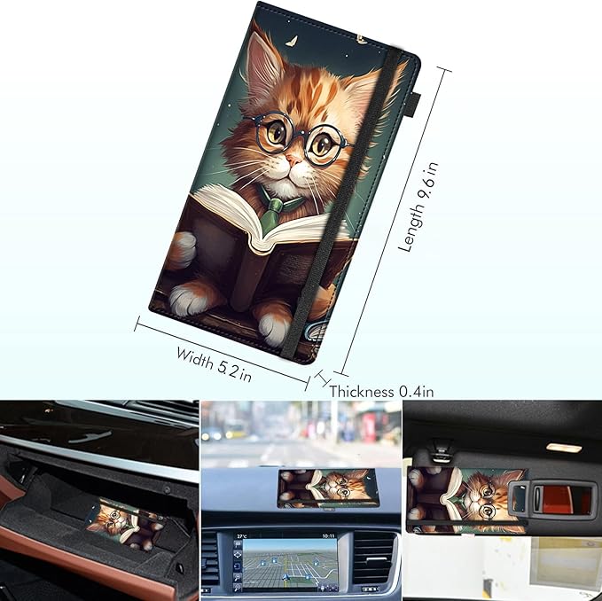RAUEDWDJS Car Registration and Insurance Holder,Leather Vehicle Glove Box Organizer Wallet Case for Driver's License,ID Key Information Cards-Reading Cat