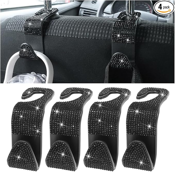 4PCS Bling Car Seat Headrest Hooks, Vehicle Back Seat Purse Handbag Hanging Holder with Crystal Rhinestone, Diamond Storage Organizer Hook, Universal Automotive Accessories (Black)