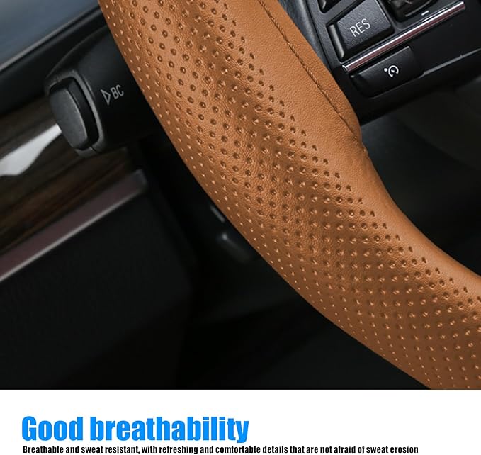 Pack-1 Leather Steering Wheel Cover, Universal Non-Slip Stitch On Wrap, DIY Car Wheel Cover Protector with Needle and Thread for Most Cars SUVs and Trucks (Brown)