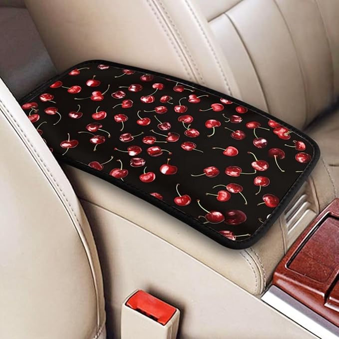 Cute Cherry Pattern Car Center Console Cover Red Fruit Car Armrest Cover Arm Rest Cover Universal Car Arm Rest Cover Black Car Interior Accessories Protector for Most Vehicle SUV Truck Vans