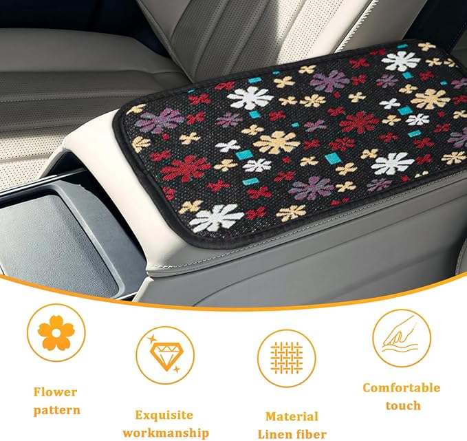 Flower Car Center Console Covers, Cute Breathable Scratch & Wear Resistant Vehicle Armrest Cushion Pad, Stylish Automotive Interior Middle Console Protector, Universal Fit
