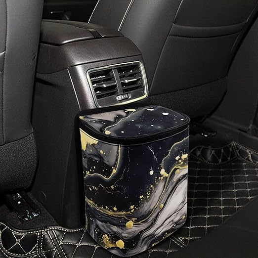Black Marble Car Trash Can with Lid，Leak-Proof Washable Auto Garbage Bag Interior Accessory Hanging Vehicle Trash Bin for Back Seat，Road Trip