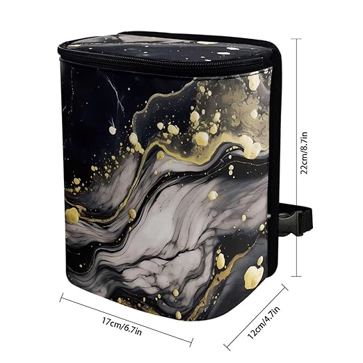 Black Marble Car Trash Can with Lid，Leak-Proof Washable Auto Garbage Bag Interior Accessory Hanging Vehicle Trash Bin for Back Seat，Road Trip