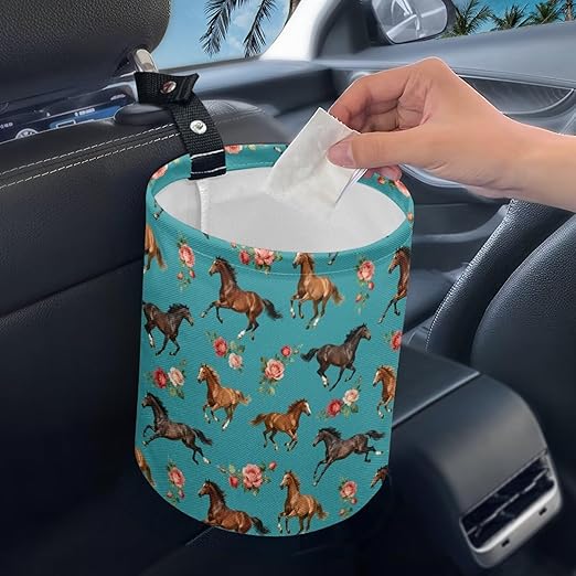 Brosoneto Horse Floral Hanging Portable Car Trash Can Waste Basket Car Accessories Interior Collapsible for Men and Women Easy to Install