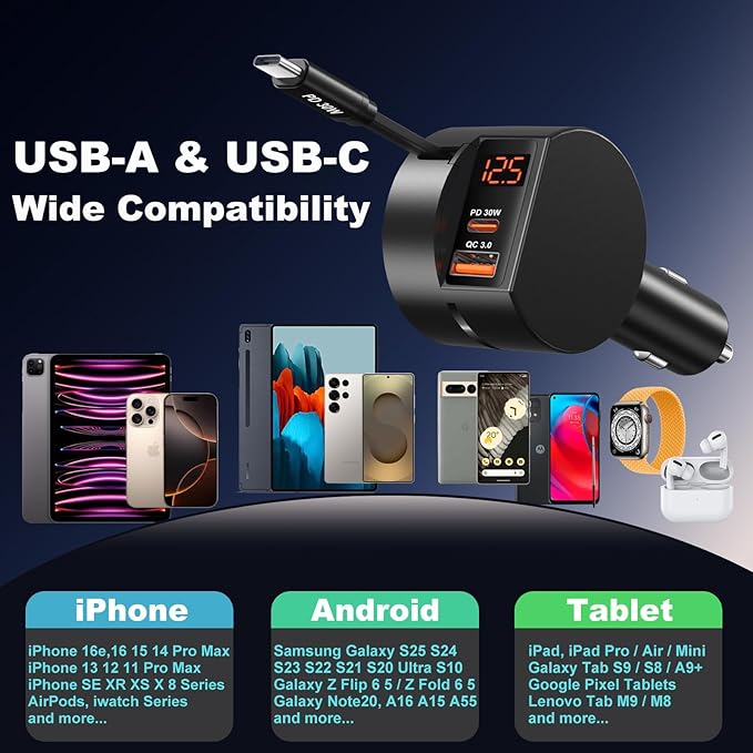 78W Retractable USB C Car Charger, OKRAY 3-Port 12v Cigarette Lighter Car Adapter with Type C PD30W Fast Charging Cord+Coiled USB C Cable for iPhone 17 Air 16 15 14 Pro Max, Samsung Galaxy S25 S24 A16