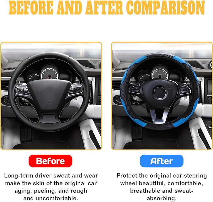 Car Steering Wheel Cover, 15 inch Carbon Fiber Microfiber PU Leather Elastic Steering Wheel Protector for Unisex, Anti-Slip Breathable Car Interior Accessories for Most Cars (Blue)