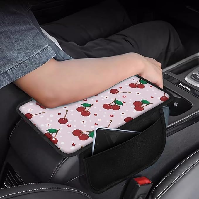 Dreaweet Car Armrest Cover Center Console Pink Cherry Car Accessories Center Console Covers with Pockets for Car SUV Truck Sedan,Cute Car Arm Rest Cushion Pad for Women