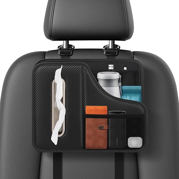 KZBHHP Car Tissue Holder,Back Seat Organizer with Cup Holder,Multifunctional Car Headrest Seat Back Storage,Snack Organizers for Kids,Large Tissue Box Cover Fit for 100-130 Regular Size Tissues