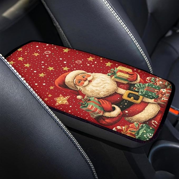 Mintutlipy Santa Claus Star Car Armrest Cushion Universal Automotive Center Console Cover for Most Cars Durable Car Storage Box Mat