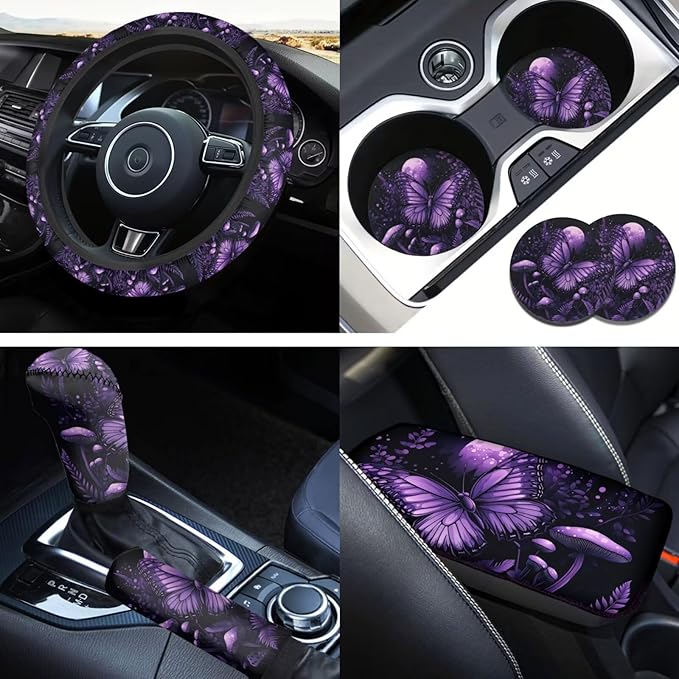 Purple Butterfly Car Steering Wheel Cover Set for Men Women Cute Mushroon Print Cup Coaster Car Armrest Cover Fits Most Cars Trucks Vans and SUV