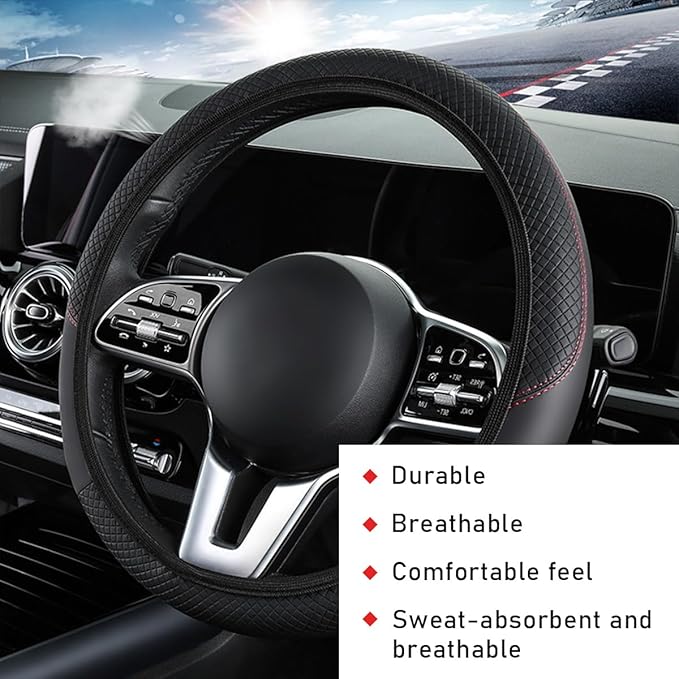 Car Steering Wheel Cover, 15 Inch Leather Breathable Auto Steering Wheel Protector, Comfortable Non-Slip Vehicle Steering Wheel Covers, Universal Interior Car Accessories (Black, AD)