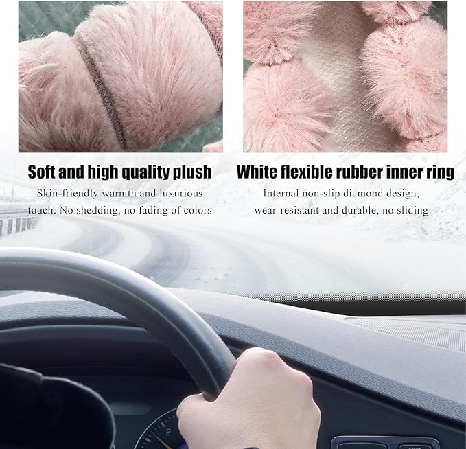 Fluffy Car Steering Wheel Cover, 14.5-15 Inches Anti-Slip Plush Fuzzy Steering Wheel Protector, Soft Warm Steering Wheel Cover Interior Decor for Women Girl, Car Accessories (Pink)