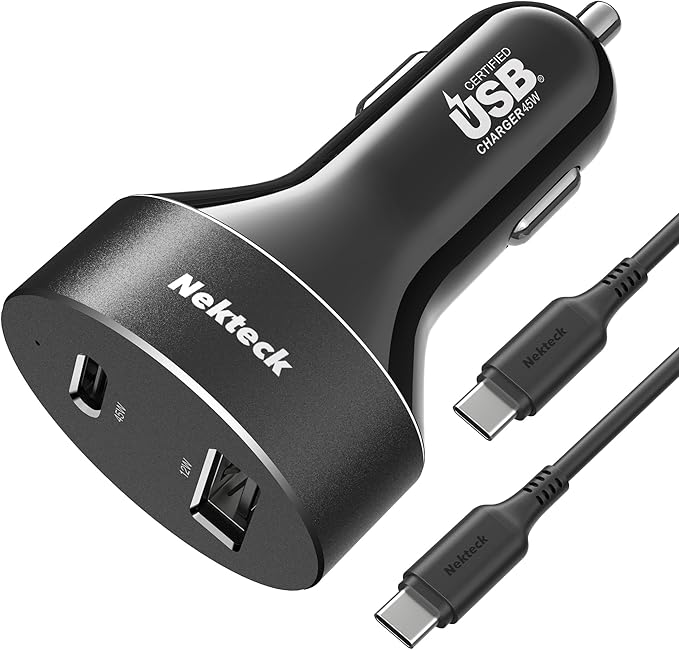 USB C Car Charger 45W, Nekteck USB-IF Certified Type C Fast Charger, 2-Port PowerIQ 3.0 Adapter with 3.3ft Cable, Compatible with iPhone 17/16 Pro/Max, Galaxy S24/S23, iPad Pro, Laptop and More