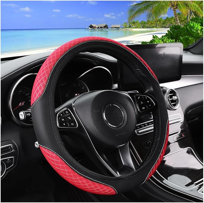 Elastic Car Steering Wheel Cover, 14.5-15 Inch Leather Non Slip Vehicle Steering Wheel Protecter Without Inner Ring, Auto Interior Protection Accessories, Universal Fit (Red)