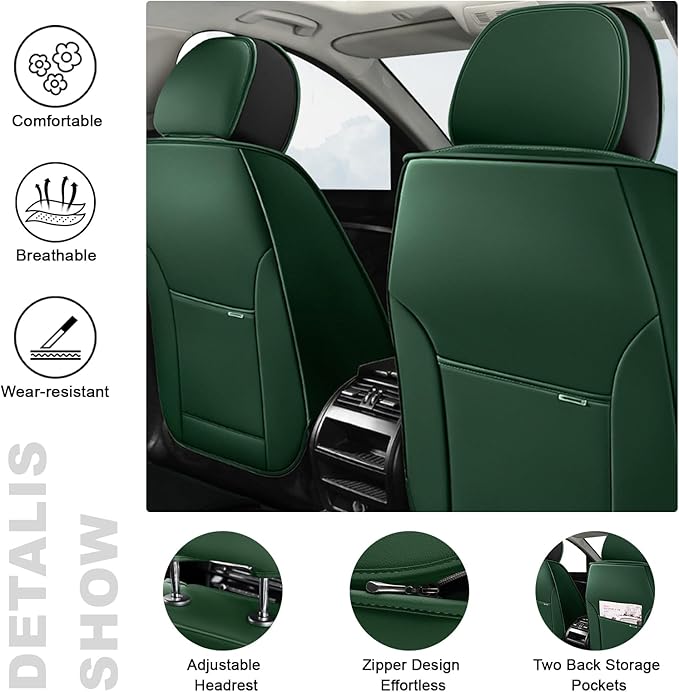 AREKA 5 Car Seat Covers for Subaru Crosstrek 2016-2026 Breathable Leather,Waterproof Car Seat Protectors with Comfort Headrest Pillows,Automotive Vehicle Cushion with Storage Pockets (Luxury,Green)