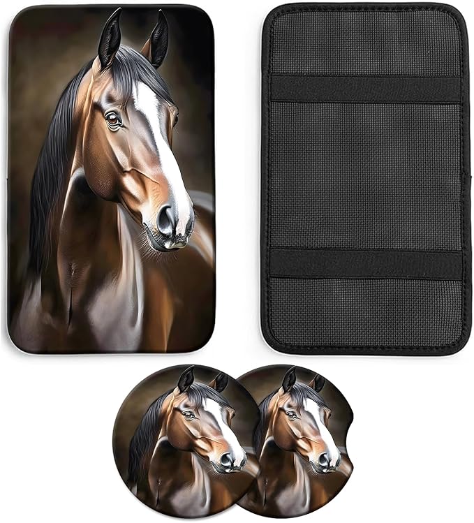 JANENFNA Car Armrest Cover Pads Universal Fashion Cute Auto Center Console Armrest Cover Pad with 2PCS Car Coasters Soft Waterproof Car Armrest Seat Protector for Women,Cute Horse Pattern