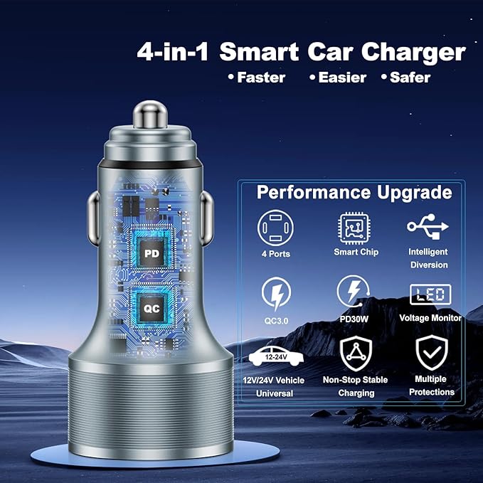 USB C Car Charger, 65W 4-Ports USB Fast Charging PD30W Cigarette Lighter Charger Adapter Digital Voltage Display with 2X USB Cables for iPhone 16 15 14 13, Samsung Galaxy S25 S24 S23, iPad & Tablets