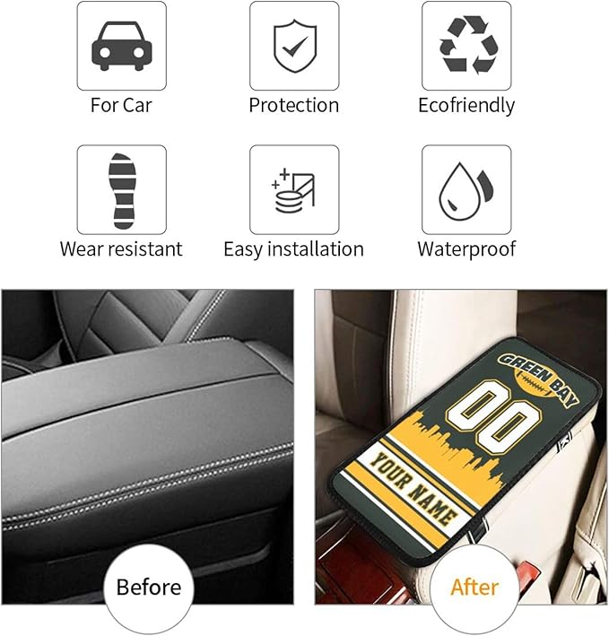 Custom Green Bay Car Armrest Covers Personalized Football Style with Name Number Customized Auto Center Console Pad Car Handrail Box Cushion for Most Vehicle Decor Accessories, Fans Gift