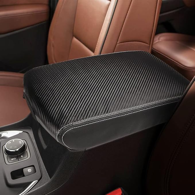 INTGET Center Console Armrest Cover for Chevy Traverse Accessories 2018-2023 2019 2020 2021 2022 Leather Middle Console Lid Pad Protector Elbow Arm Rest Covering Car (Black with Carbon Fiber Texture)