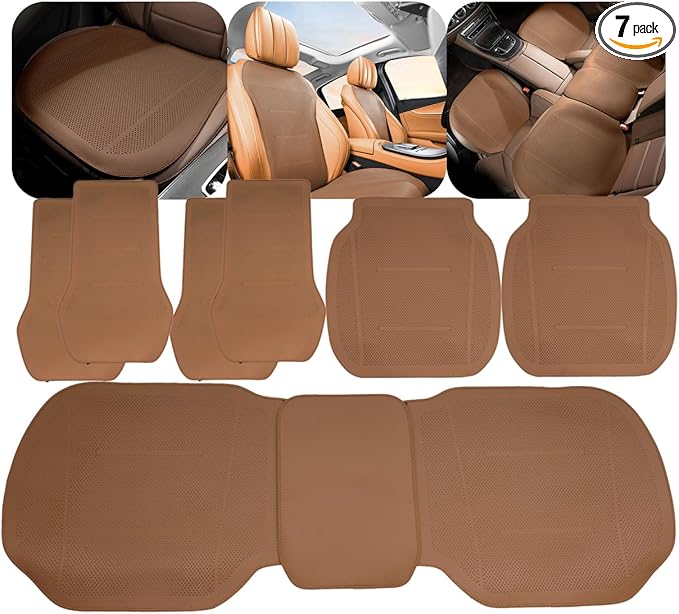 ontto 7 PCS Car Seat Bottom Cushions adn Seat Back Protector for Driver and Passenger Universal Auto Interior Seat Pads from Dirt Scratches,with Buckle Fixing,Light Brown