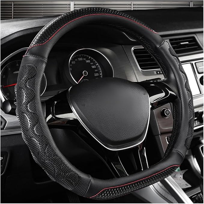 Car Steering Wheel Cover, 15 Inch Leather D-Shaped Comfy Grip Steering Wheel Protector, Anti-Slip Steering Wheel Cover with 3D Honeycomb for Most Vehicles, Car Accessories (Black)