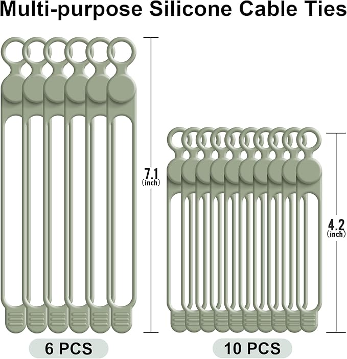 Nearockle Silicone Cable Ties Cord Organizer for Cable Management, 16PCS 4.2" and 7.1" Reusable Cable Organizer Electronic Accessories for Home, Office, Kitchen, School, Travel (Green)