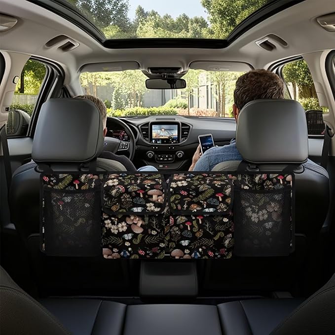 Mushroom Trunk Organizer Car Accessories for Women Space-Saving Car Organizers Storage Bag with 4 Pockets, Back Seat Car Organizer Adjustable Car Back Seat Organizer