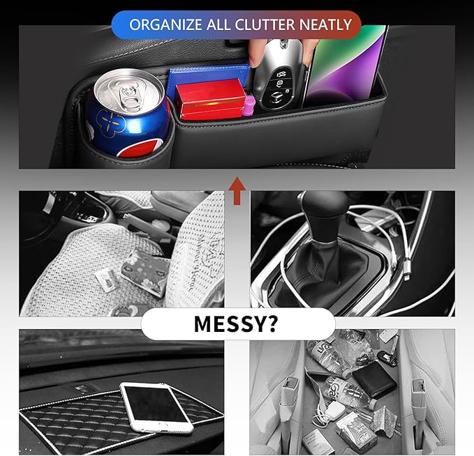 Car Leather Cup Holder Gap Bag, Car Seat Gap Filler Organizer with Water Cup Holder and Phone Charging Hole (White, Passenger Side)