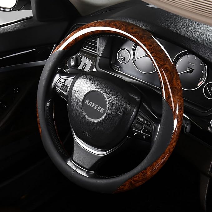 KAFEEK Wood Grain Steering Wheel Cover Microfiber Leather Universal 14 1/2-15 inch, Car Steering Wheel Cover Men Women, Comfortable, Anti-Slip, Odorless, Brown