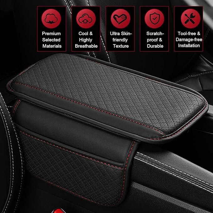 Car Center Console Cover, Perforated Leather Armrest Cushion with 2 Storage Bags, Plaid Arm Rest Box Pad, Car Armrest Storage Box Interior Accessories for Most Vehicles (Black & Red)