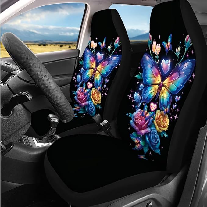 Dngkaoje Butterfly Car Seat Covers Full Set 13 Pack Women Auto Interior Seat Protective for Front and Rear Cute Butterfly Print Car Accessories for Ladies Girly Hanging Trash Bag,Seatbelt Pads