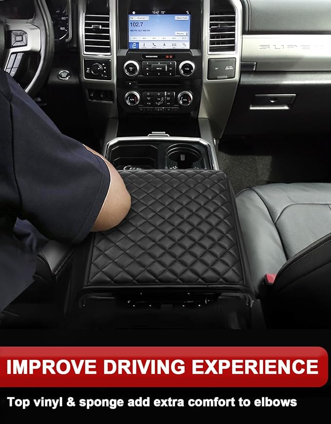 KBH Center Console Armrest Cover for 2015-2020 Ford F150, 2017-2022 F250 F350 F450 F550, 2018-2024 Expedition, Bucket Seat, PU Leather Cushion Thick Pad, Anti-Scratch, Black (Not for Other Years)