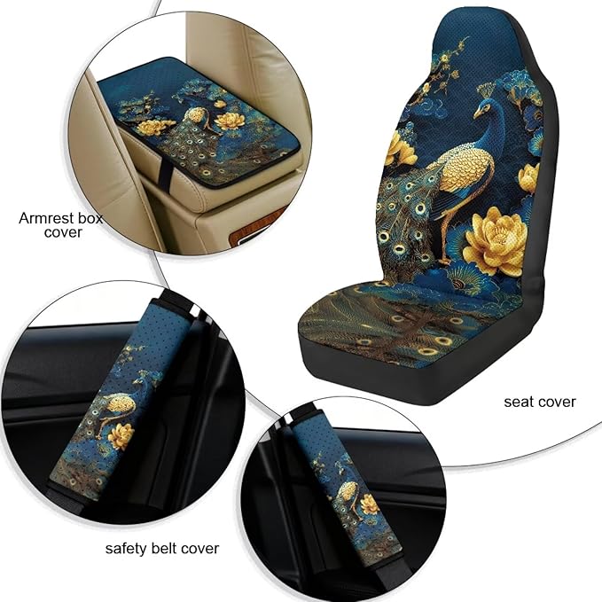 Qeluxign Peacock Floral Car Accessories Set for Women Center Console Armrest Pad Seat Belt Cushion Universal Car Accessories for SUV Van Truck