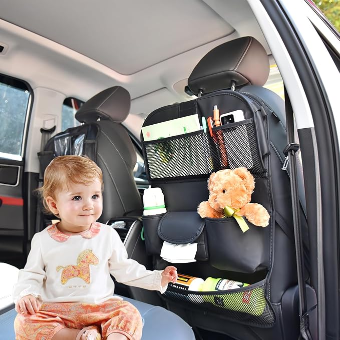 VEHIRIE Car Backseat Organizer with Foldable Table Tray, Premium Leather Car Seat Back Protectors Kick Mats for Kids, Toy Storage Box with 10 Inch Touch Screen, Tablet Holder