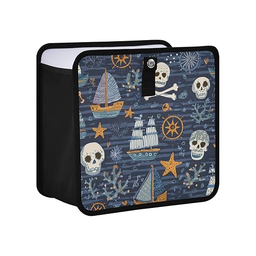 Car Trash Can Organizer Bin with Adjustable Strap for Back Front Seat Console Waterproof Leakproof Collapsible Portable 11 Inch Blue Pirate Skulls Sailboats Starfish and Compass