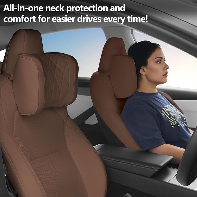 Dapucarin Car Headrest Pillow U-Shaped, Memory Foam Head Neck Support Cushion for Driving, Leather Head Rest Travel Pillows for Sleeping, Breathable Removable Cover, Brown, 2 Pack