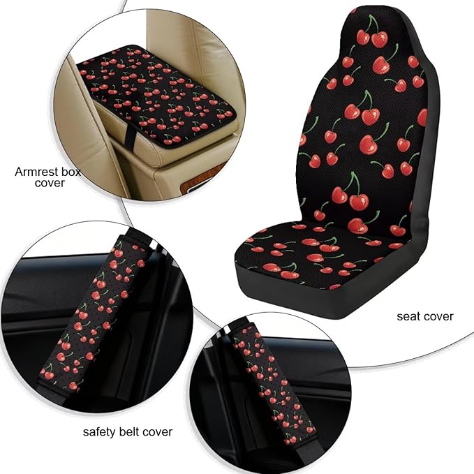 Qeluxign Cherry 5-Piece Car Accessories Set Universal Fit PU Leather Seat Covers Seatbelt Pads and Armrest Cover for Cars, Trucks, SUVs