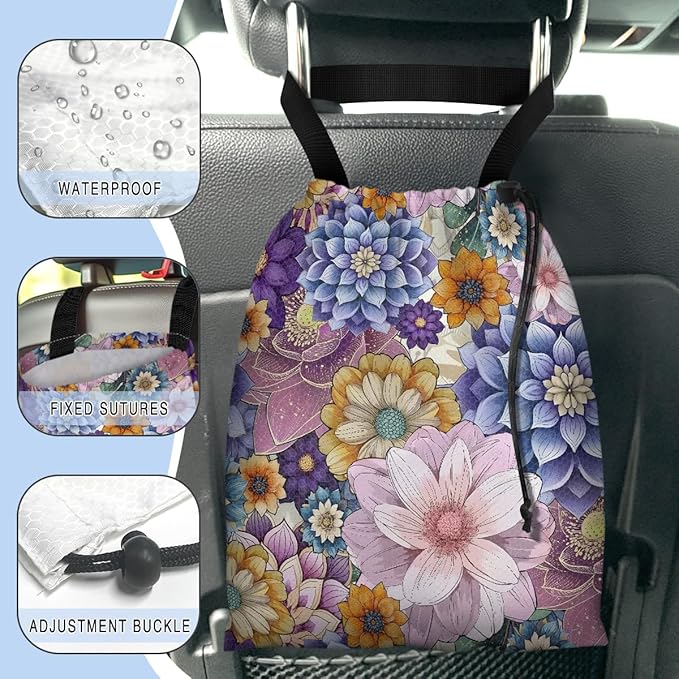 GEGEPINK Car Trash Bag Hanging Back of Seat Waterproof Small Cute Printed One-Handed Strap Drawstring Garbage Bags for Car-Purple Boho Floral