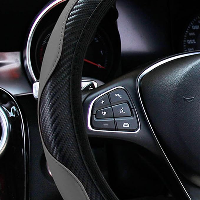 Car Steering Wheel Cover, 15 inch Carbon Fiber Microfiber PU Leather Elastic Steering Wheel Protector for Men Women, Anti-Slip Breathable Car Interior Accessories for Most Cars (Gray)