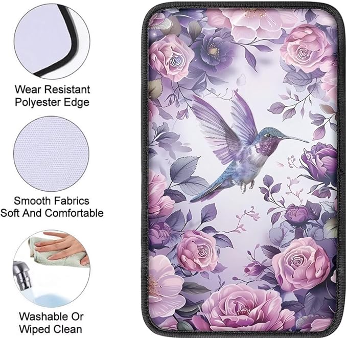 Hummingbird Purple Floral Print Auto Center Console Cover Arm Rest Cover for SUV Truck,Soft Car Arm Rest Cover Universal Fit