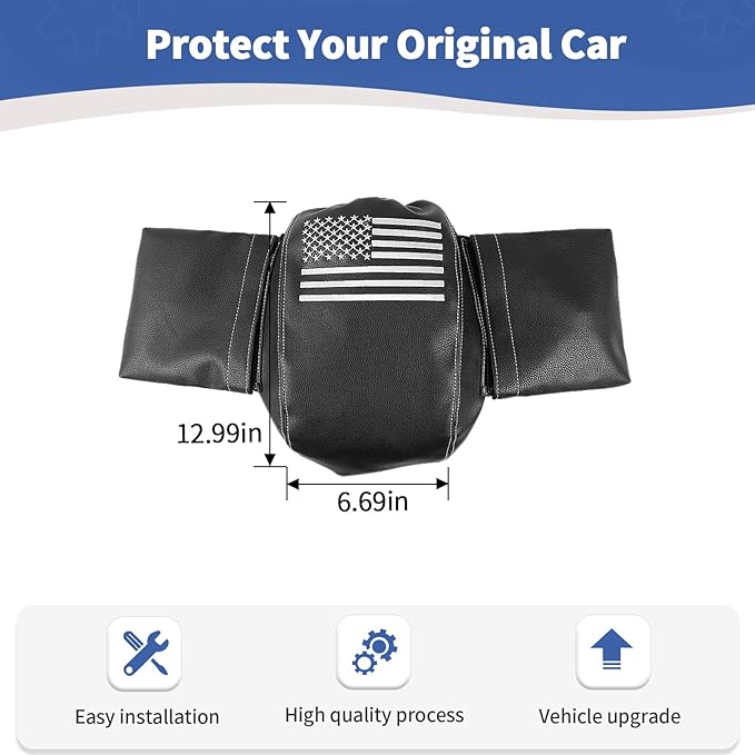 RT-TCZ Center Console Armrest Cover for Jeep Wrangler JK JKU 2011–2017, Black Leather Armrest Pad Protector with Storage Pocket, Scratch-Resistant & Waterproof, American Flag