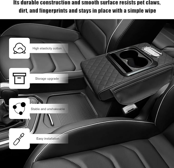Car Center Console Armrest Pillow, Leather Arm Rest Cover Pad with 2 Storage Pockets Cup Holder & Phone Slot, Soft Middle Console Cushion Protector for Most Vehicles (Black, Embroidered)