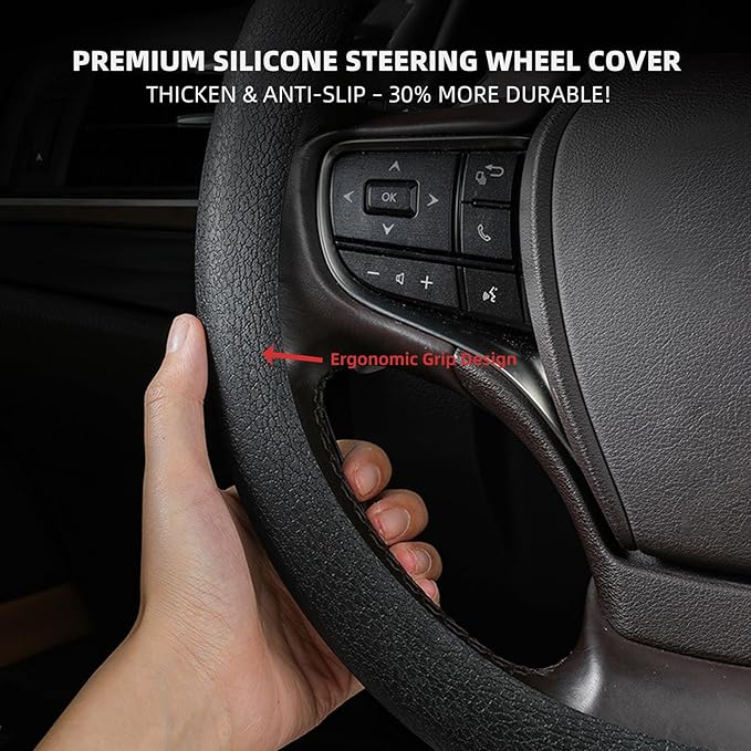 30% Thicker Universal Stretchy Silicone Steering Wheel Cover for 14” 15” 16” Wheels - Anti-Slip Grip & Enhanced Control for Men & Women, All Weather Protection (Grey)