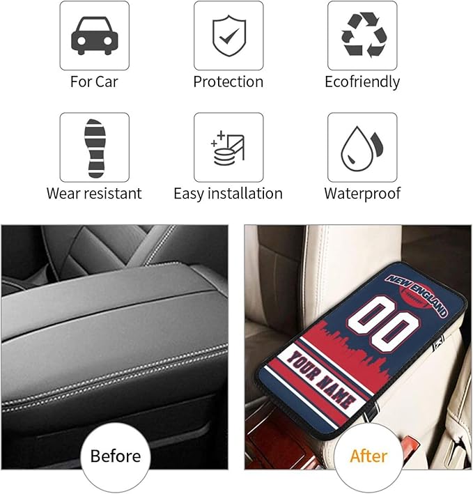 Custom New England Car Armrest Covers Personalized Football Style with Name Number Customized Auto Center Console Pad Car Handrail Box Cushion for Most Vehicle Decor Accessories, Fans Gift
