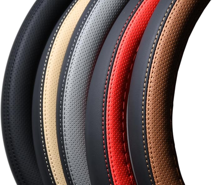 Nappa Napa Leather & Stitched Perforated Leather Steering Wheel Cover with Rubber Shaping Interior,Sweat Absorbent for 14½" to 15" car Pickup SUV 14.5 to 15 inches