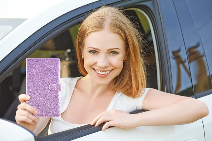 Caweet Car Registration and Insurance Holder Vehicle Glove Box Organizer Leather Car Document Holder for Driver's License, ID, Key Information Cards with Magnetic Closure, Glitter Purple