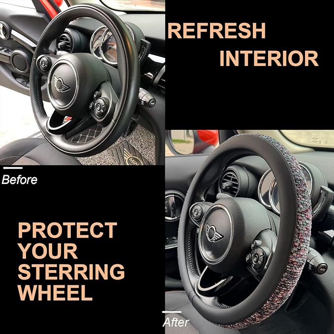 PINCTROT Large Size Chenille Leather Steering Wheel Cover, Soft Mottled Colors, Sweat-Proof, Non-Slip Grip, All-Season Comfort, 15.5-15.75 Inch(Mottled Purple)