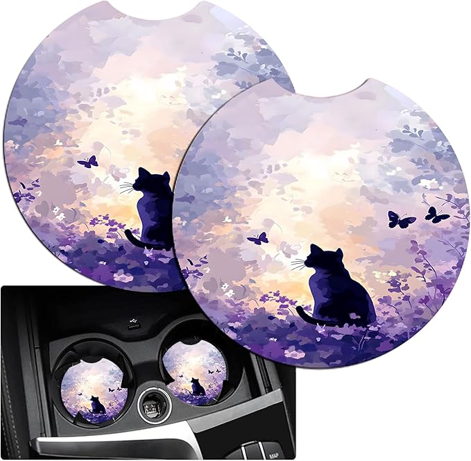 JANENFNA Car Armrest Cover Pads Universal Fashion Cute Auto Center Console Armrest Cover Pad with 2PCS Car Coasters Soft Waterproof Car Armrest Seat Protector for Women,Purple Flower Sea Cat